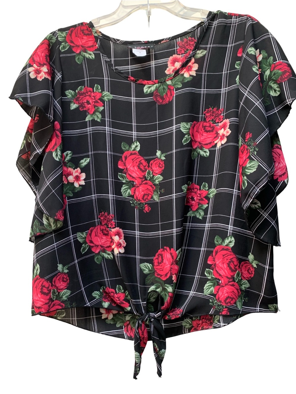 Discreet Black Floral Tie-Front Ruffle Sleeve Blouse